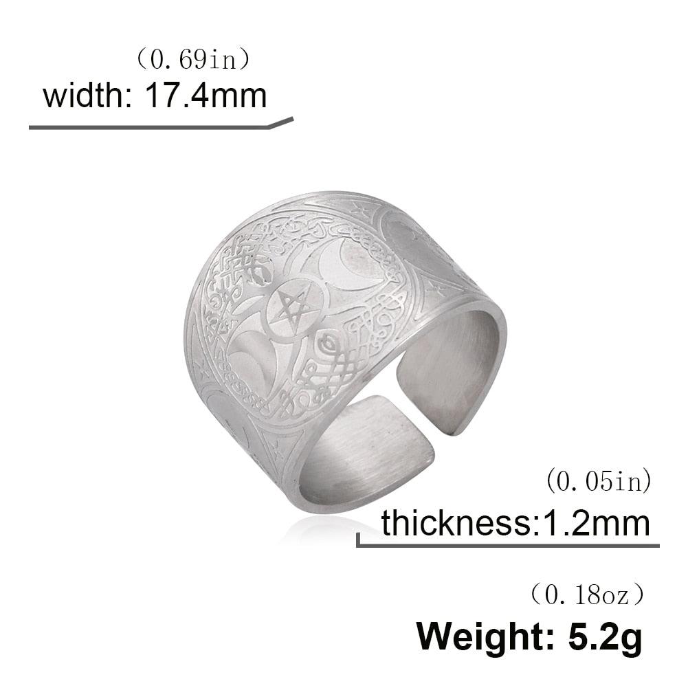 Stainless steel Triple Moon Goddess Pentacle ring, 16mm wide, with intricate celestial design.