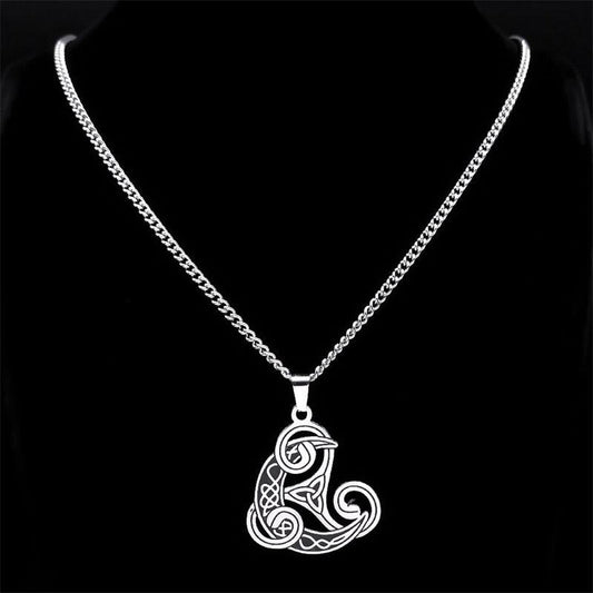Silver Witch Celtic Knot Necklace with intricate Triskele design, perfect for mystical fashion and Wiccan rituals.