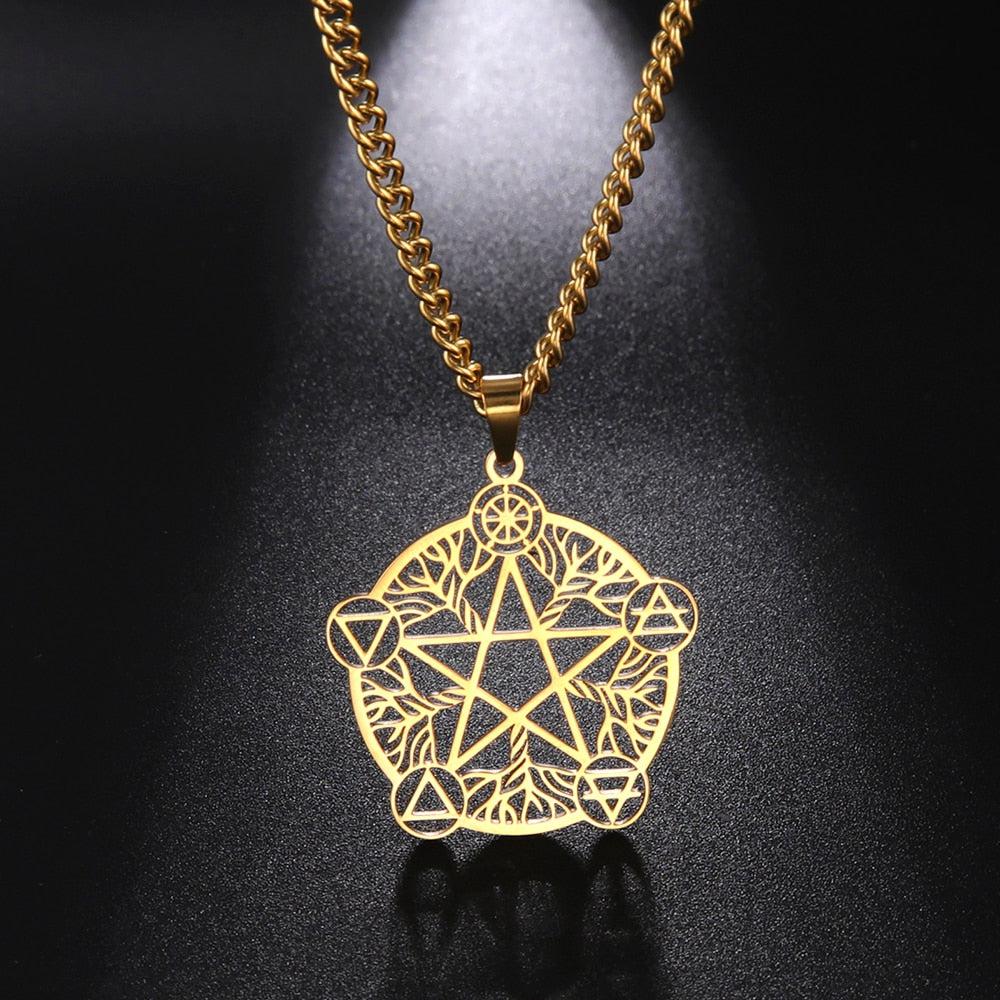 Stunning gold stainless steel Wicca Pentacle Witch Necklace Amulet, symbolizing eternity and infinity.