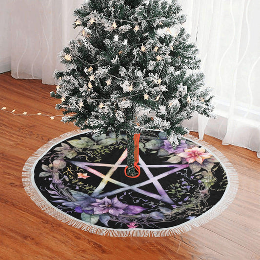Floral Pentagram Wicca Christmas Tree Skirt