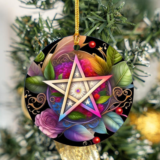 Floral Pentagram Pagan Christmas ornament