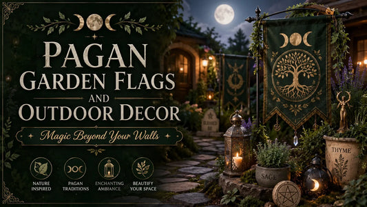 Pagan garden flags and outdoor decor featuring mystical symbols, lanterns, and herbs for enchanting ambiance