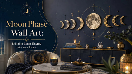 Elegant moon phase wall art decorates a modern living room, creating a celestial and calming home atmosphere
