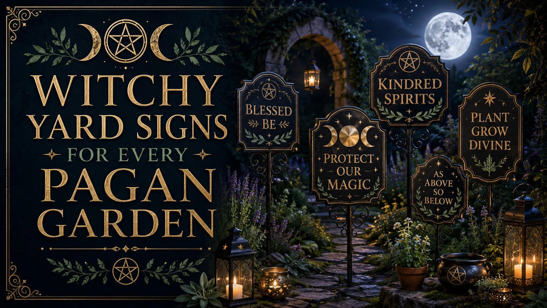 Witchy yard signs with mystical symbols and moonlit garden decor for enchanting pagan garden inspiration