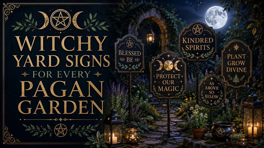 Witchy yard signs with mystical symbols and moonlit garden decor for enchanting pagan garden inspiration