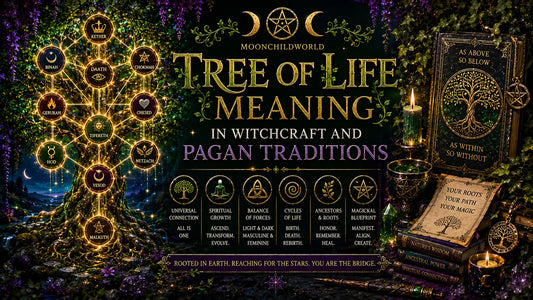 Tree of life symbolism in witchcraft and pagan traditions with mystical decor and magical books