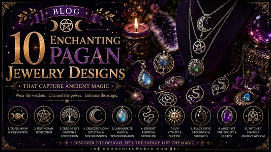 Mystical pagan jewelry designs with pentagram, moon, and tree of life charms for spiritual inspiration