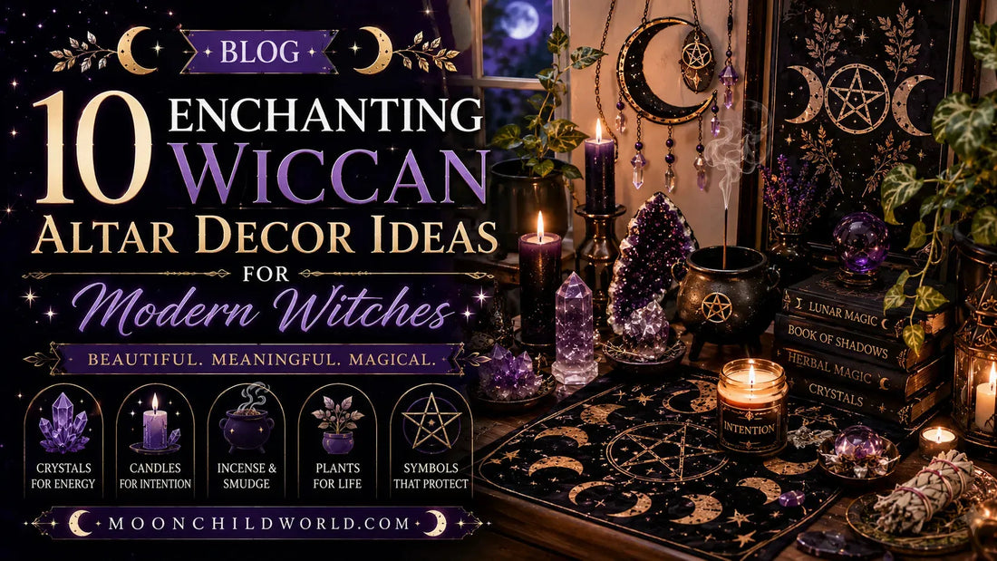 Wiccan altar decor with witch tablecloth and pagan tapestry, featuring crystals, candles, and a mystical Halloween area rug