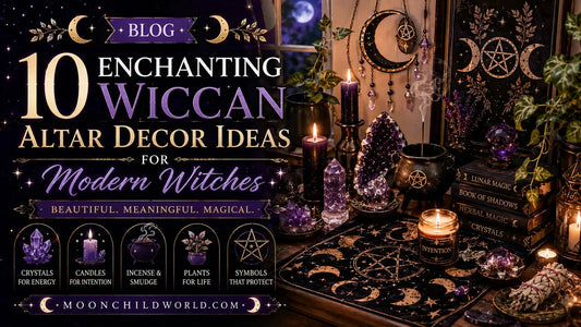 Wiccan altar decor with witch tablecloth and pagan tapestry, featuring crystals, candles, and a mystical Halloween area rug