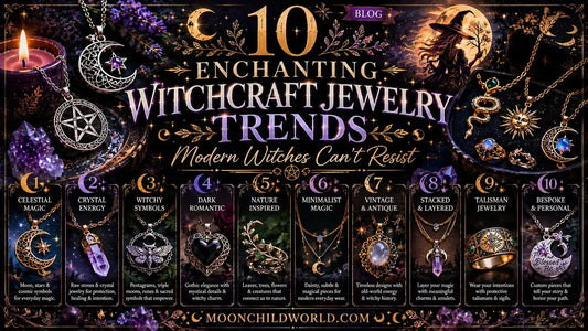 Witchcraft jewelry trends featuring moonstone pendants, pentacles, and mystical charms for spiritual inspiration