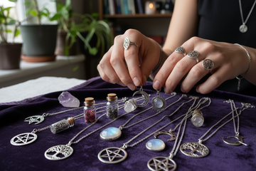 Witchcraft jewelry trends featuring moonstone pendants, pentacles, and mystical charms for spiritual inspiration