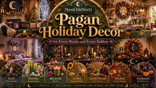 Cozy rooms decorated with candles, flowers, and symbols for pagan holiday decor inspiration for every sabbat