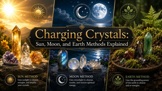 Colorful crystals displayed outdoors illustrate charging crystals using sun, moon, and earth methods for energy cleansing