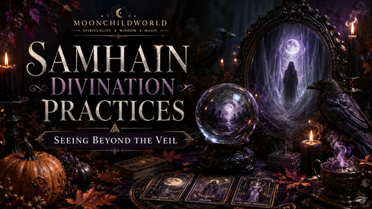 Samhain divination practices with tarot cards, crystal ball, candles, and mystical autumn decor