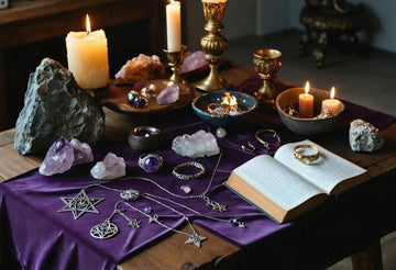 Magical altar with Wiccan Pagan jewelry, witchcraft accessories, crystals, candles, and an open spellbook