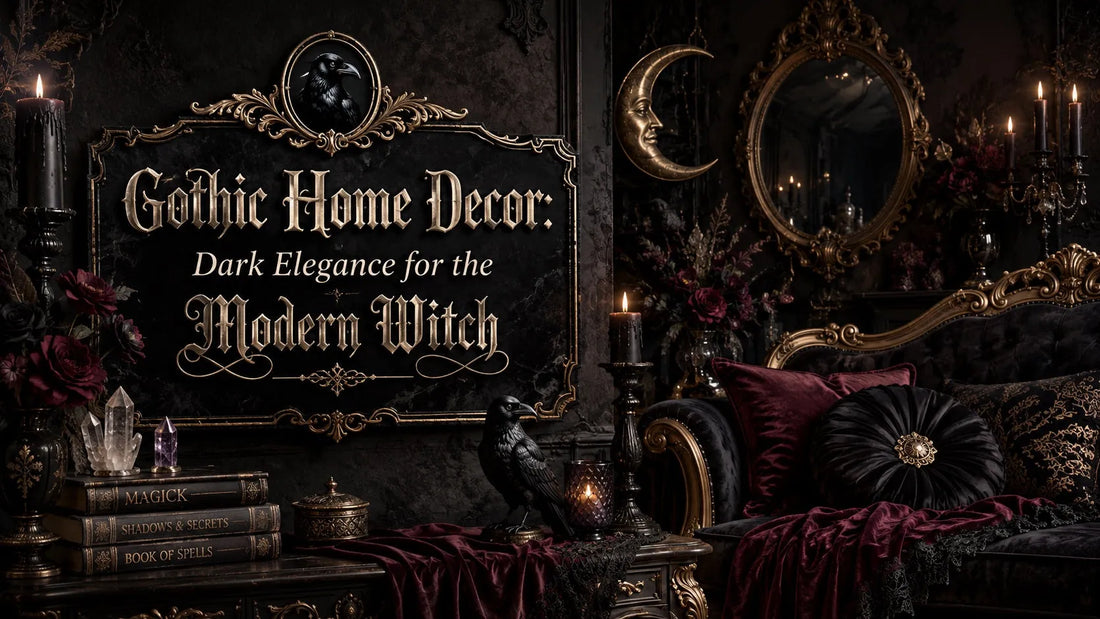 Gothic home decor with dark elegance, featuring vintage furniture, candles, and mystical accents for a modern witch
