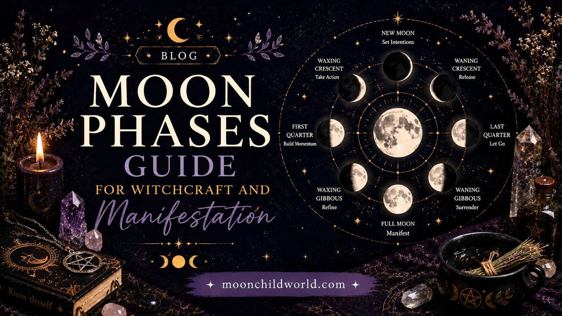 Moon phases altar setup for lunar manifestation magic and witchcraft rituals with crystals and candle