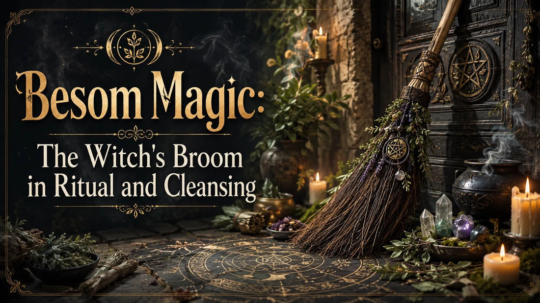 Besom magic altar scene with a witch’s broom, ritual herbs, candles, and crystals for spiritual cleansing