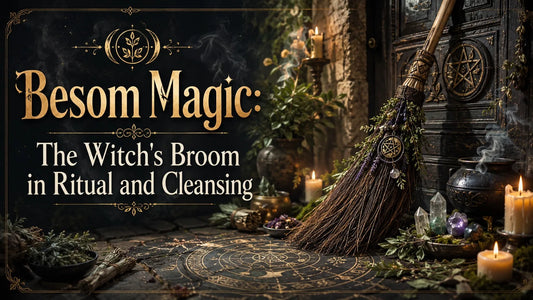 Besom magic altar scene with a witch’s broom, ritual herbs, candles, and crystals for spiritual cleansing