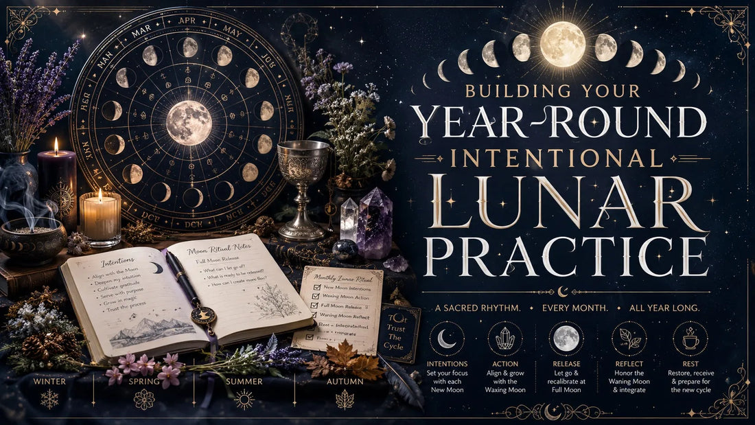 Lunar practice ritual setup with candles, crystals, and moon phases chart for year-round spiritual guidance