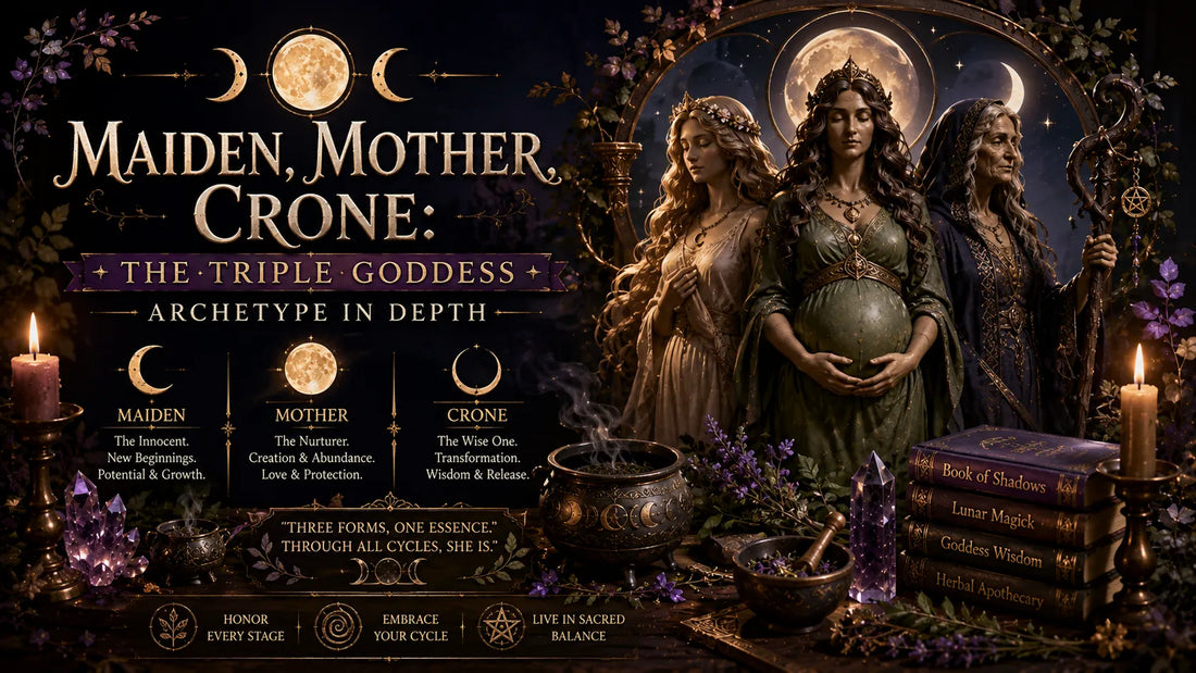 Three women embodying the triple goddess archetype with candles, crystals, and spiritual books in a mystical setting