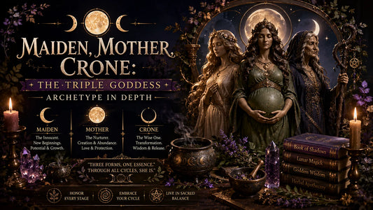Three women embodying the triple goddess archetype with candles, crystals, and spiritual books in a mystical setting