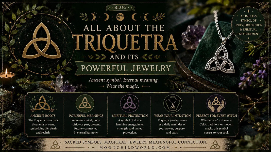 Triquetra jewelry displayed with crystals and candles, highlighting the symbol’s spiritual power and ancient meaning