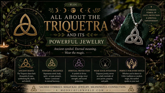 Triquetra jewelry displayed with crystals and candles, highlighting the symbol’s spiritual power and ancient meaning