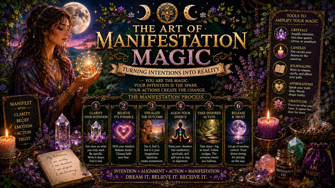 Manifestation magic guide showing steps, crystals, candles, and tools for turning intentions into reality
