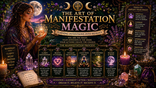 Manifestation magic guide showing steps, crystals, candles, and tools for turning intentions into reality