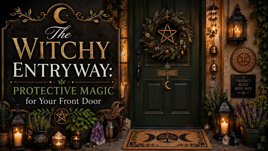 Witchy entryway with protective magic symbols, crystals, and greenery for front door inspiration