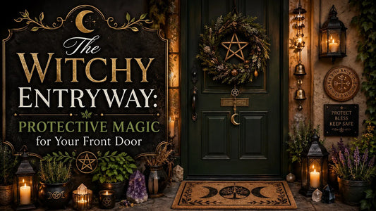 Witchy entryway with protective magic symbols, crystals, and greenery for front door inspiration