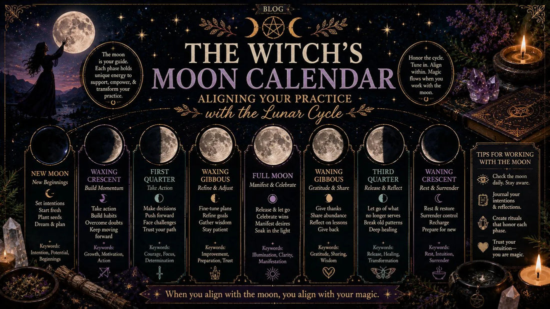Witch’s moon calendar showing lunar phases and spiritual tips for aligning your magical practice with the moon