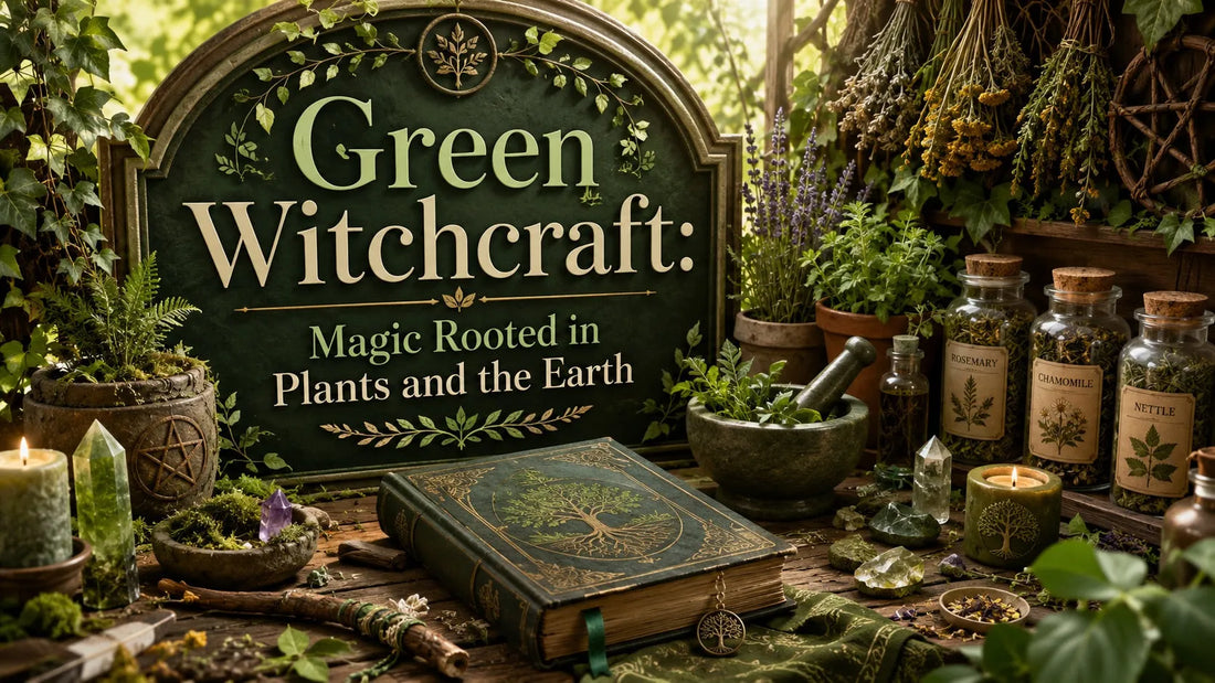 Green witchcraft tools and herbs with a spellbook, perfect for exploring plant-based magic practices