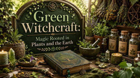 Green witchcraft tools and herbs with a spellbook, perfect for exploring plant-based magic practices