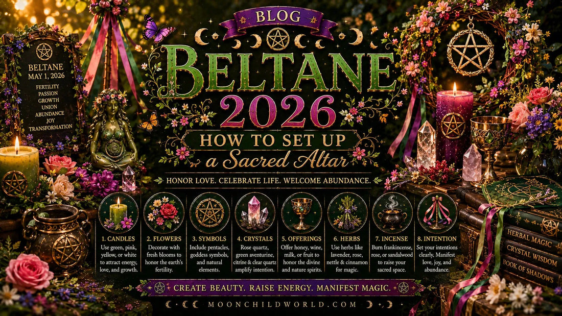 Beltane 2026 altar setup with candles, crystals, flowers, and sacred symbols for modern witches and pagans