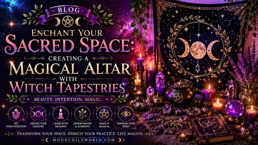 Witch tapestry featuring a moon phase design above a magical altar with crystals and candles for gothic decor inspiration