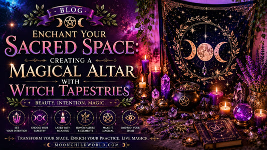 Witch tapestry featuring a moon phase design above a magical altar with crystals and candles for gothic decor inspiration