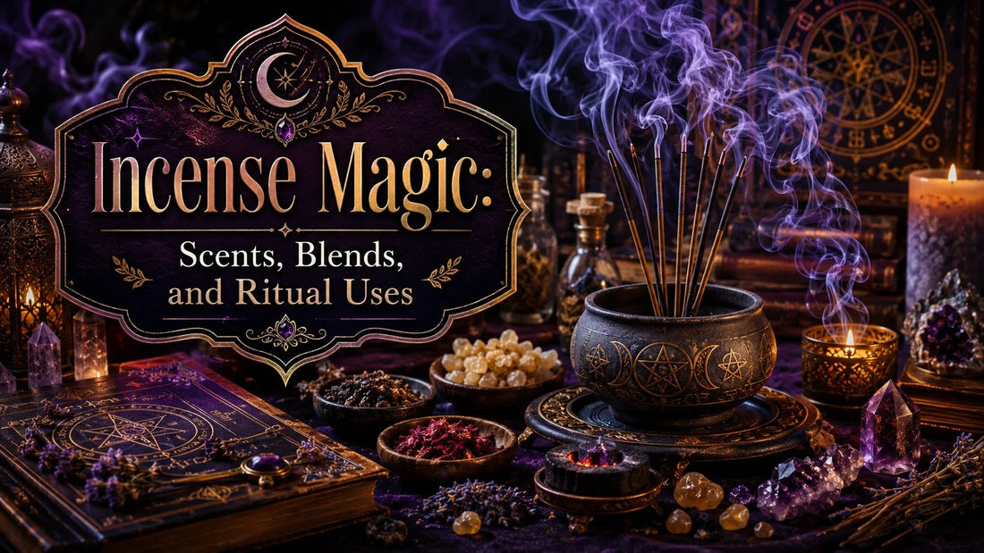 Mystical incense magic ritual setup with aromatic blends, crystals, and candles for spiritual uses
