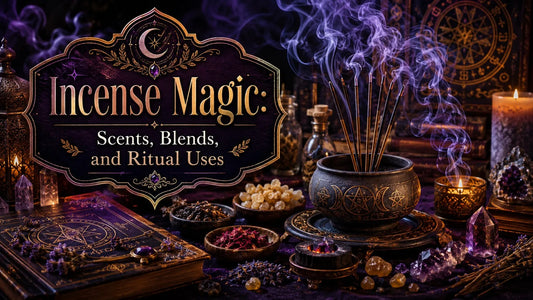 Mystical incense magic ritual setup with aromatic blends, crystals, and candles for spiritual uses