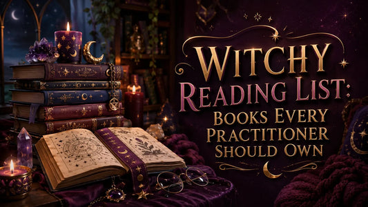 Stack of magical books, candles, and crystals create a mystical vibe for a witchy reading list