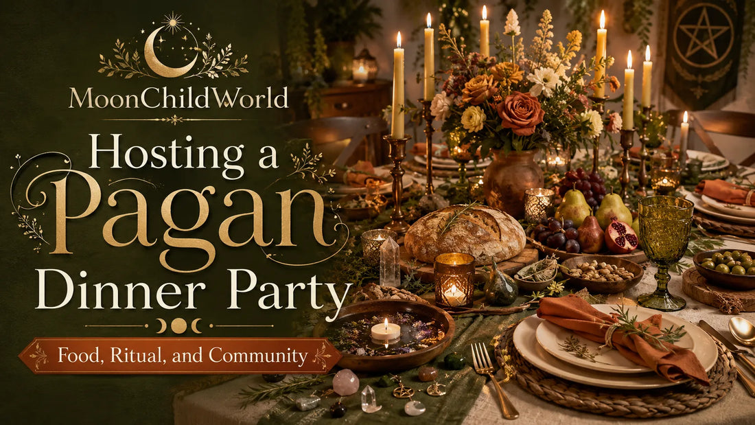 Elegant pagan dinner party table with candles, fresh bread, fruit, and ritual decor for a magical gathering