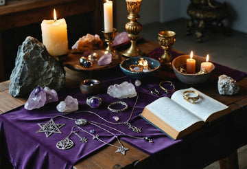 Magical altar with Wiccan Pagan jewelry, witchcraft accessories, crystals, candles, and an open spellbook