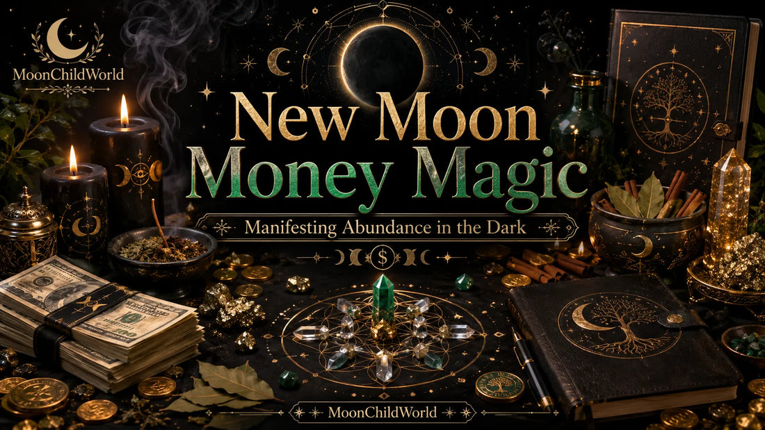 Ritual setup for new moon money magic with candles, crystals, cash, and abundance manifestation tools