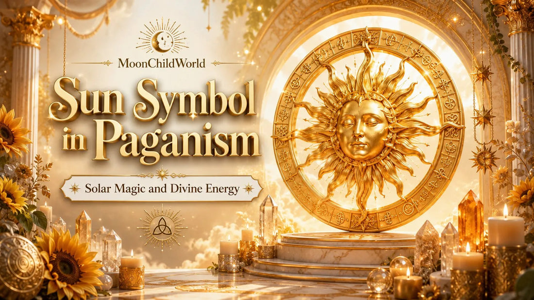 Golden sun symbol in paganism surrounded by candles, crystals, and sunflowers for solar magic inspiration