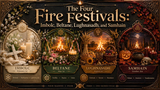 The four fire festivals Imbolc, Beltane, Lughnasadh, and Samhain celebrated with seasonal symbols and bonfires