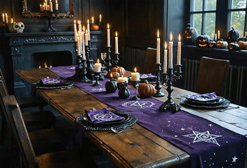 Enchanting Halloween Witch Table Runner with gothic stars and pumpkins for magical witch home decor gatherings