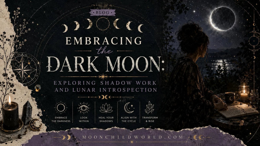 Woman journaling by candlelight under a dark moon, exploring shadow work and lunar introspection