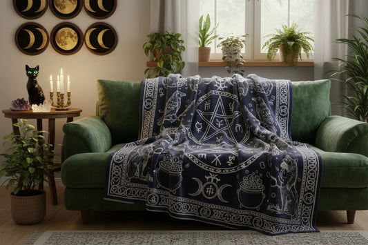 Cozy witchy home decor featuring a wicca blanket with pagan symbols and moon phases for mystical inspiration