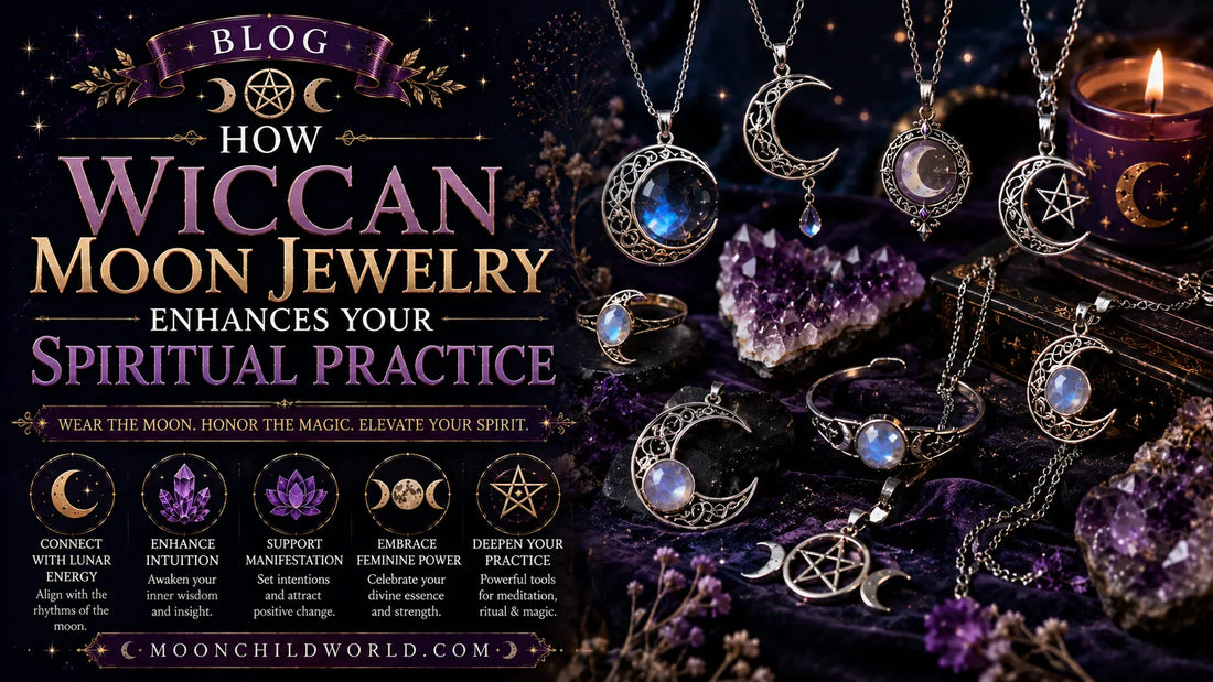 White gemstones triple moon ring Wiccan jewelry displayed with mystical moon necklaces and crystals for spiritual practice